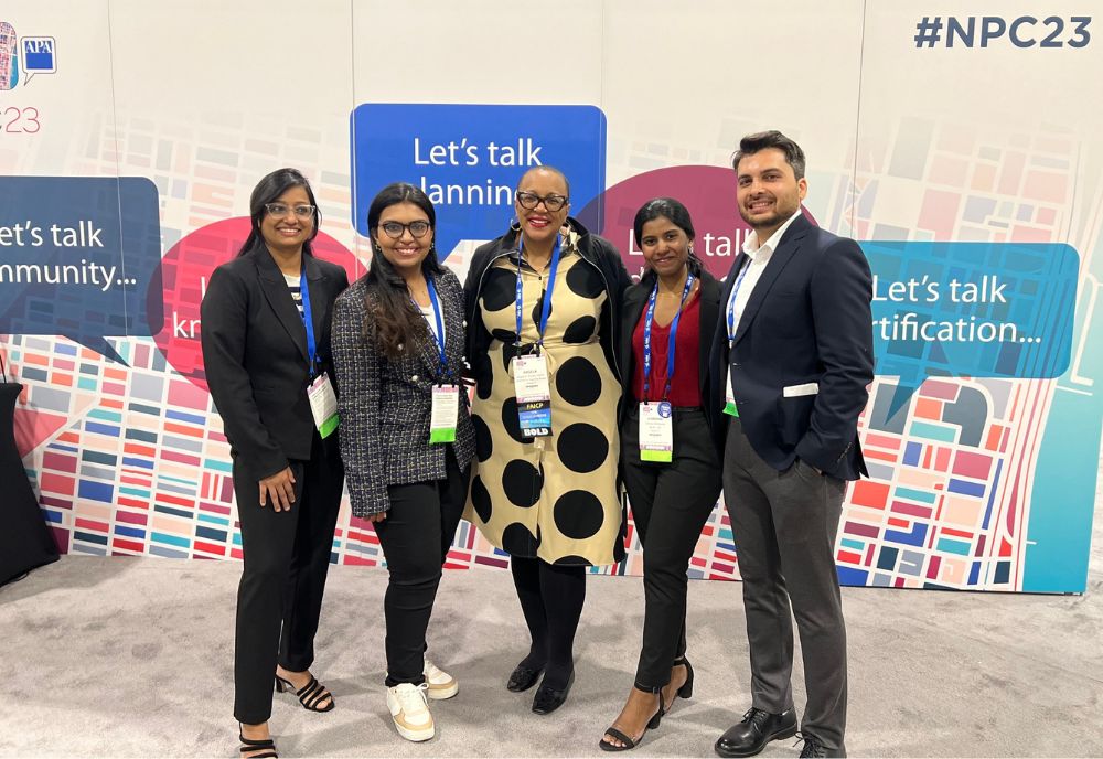 MURP students with APA President Angela D. Brooks (center). Photographed from left: Aditi Sugeerappa Hoti, Beneetta Mary Jose, Angela D. Brooks, Varshini Renikunta, and Abdul Samad Agha. (Photo courtesy of Beneetta Mary Jose)