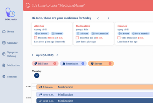 Screen that shows different reminders on when to take medicine