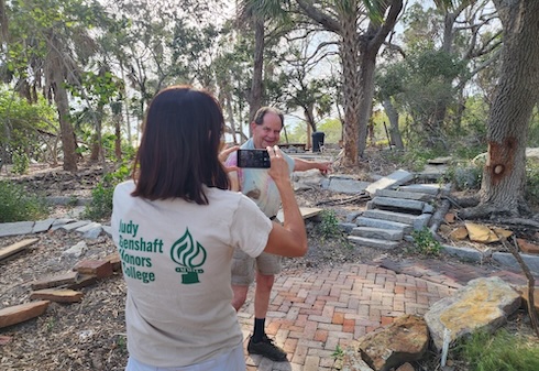 Recording an oral history for the Hurricane Histories project at Jungle Prada archaeological site in St. Petersburg.
