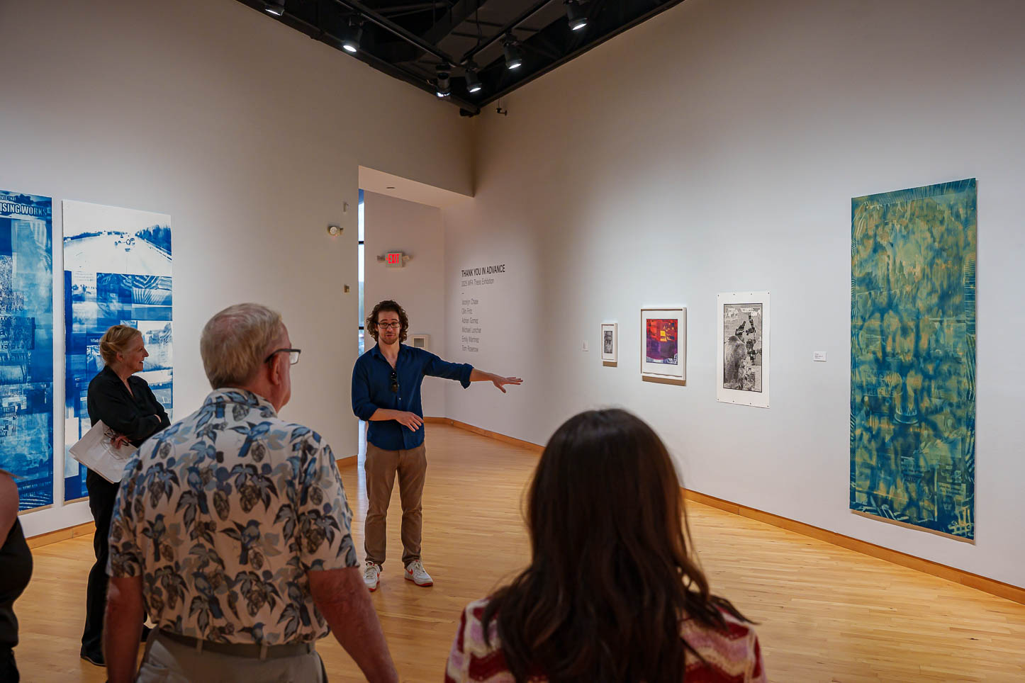 Tom Rosenow discusses his piece "Birthday Boy / Explosion," 2025, cyanotype, at USF CAM during a guided tour.