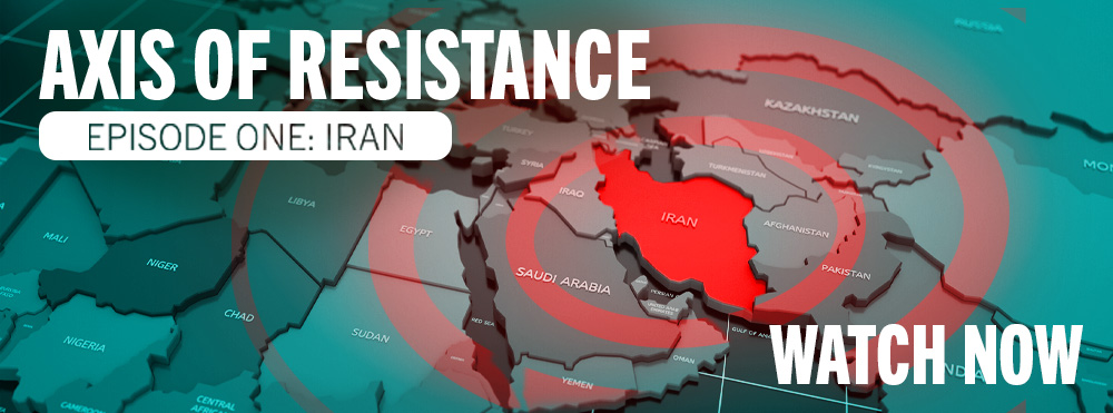 Title "Axis of Resistance" with map of Middle East and Central Asia with Iran in red