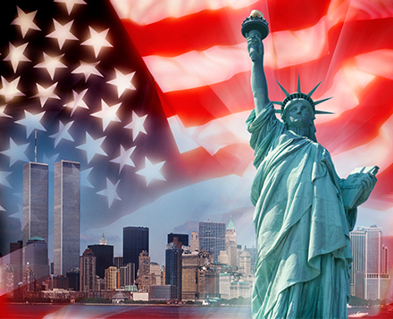 Graphic with twin towers and Statue of Liberty