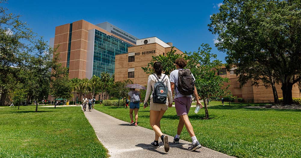 Students walk on the USF campus