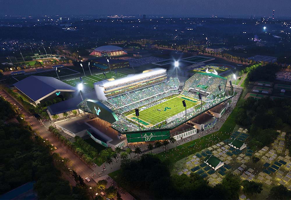 Night time rendering of the USF on campus stadium