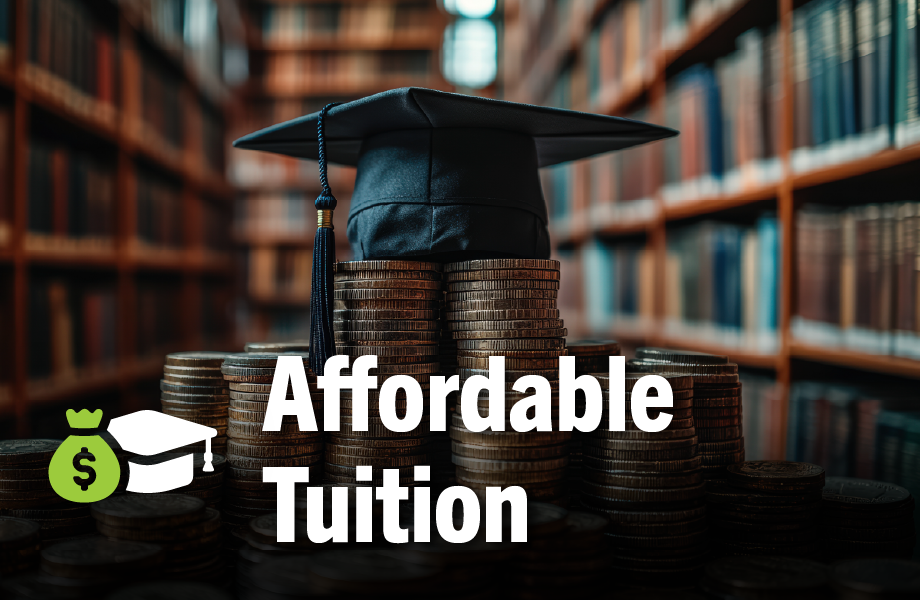A graduation cap sits upon money in a library setting with the words Affordable tuition displayed on top