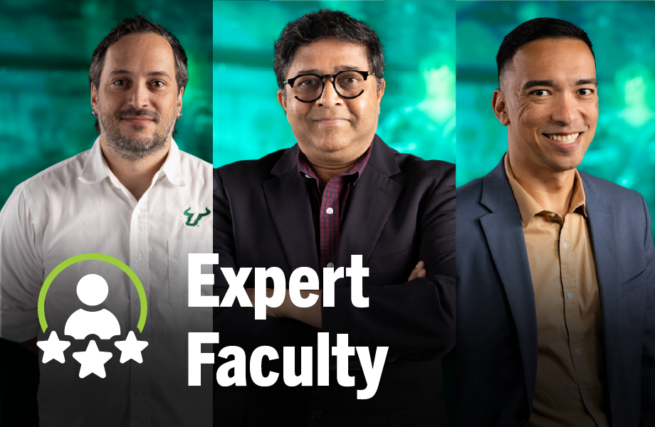 3 headshots of USF AI faculty memebers lined up next to each other with the words Expert Faculty displayed