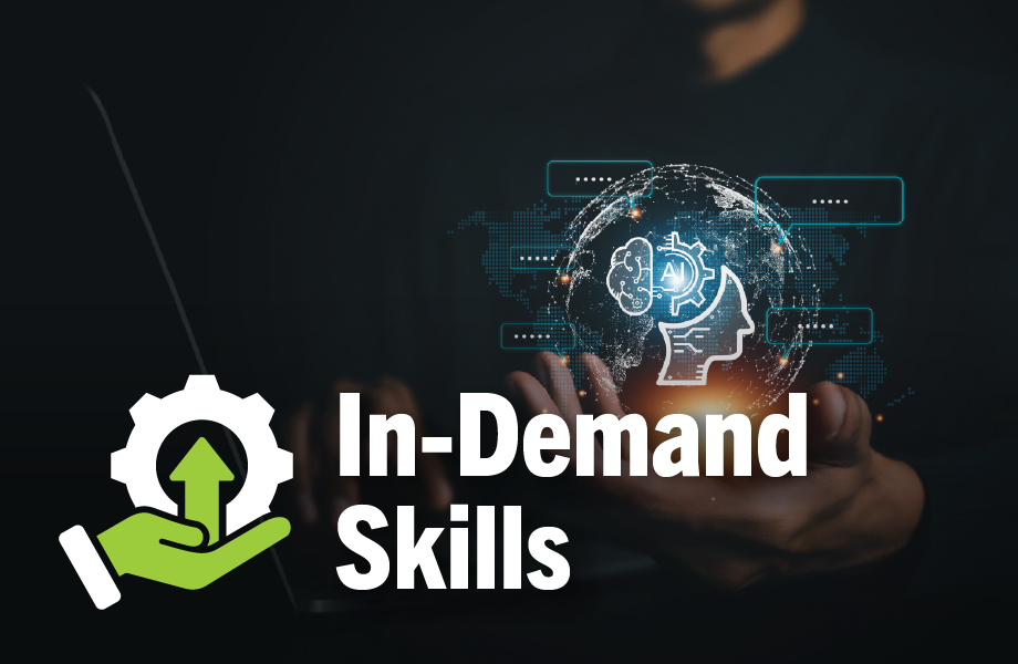 a hand holds a virtial glob with the a graphic of a head with the brain open and the words AI printed. The test In-Demand Skills overlays everything. 