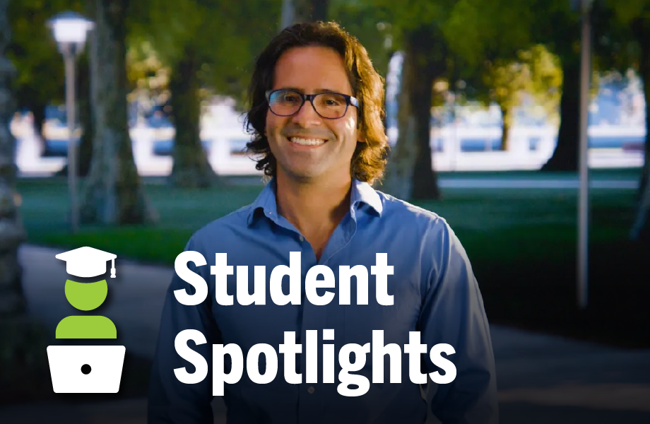 A USF AI grad certificate student smiles at camera. The words Student Spotlights overlays the image. 