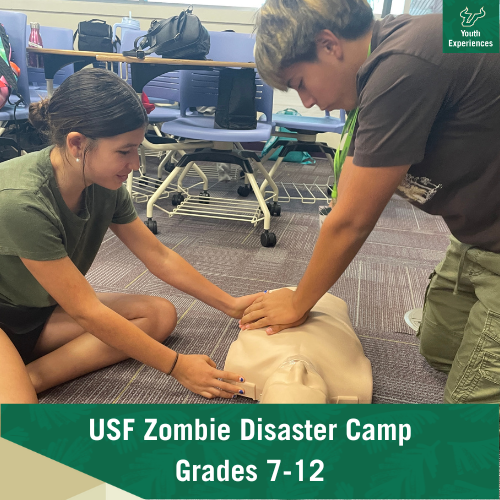 Zombie Disaster Camp with text stating"Zombie Disaster Camp Grades 7-12"