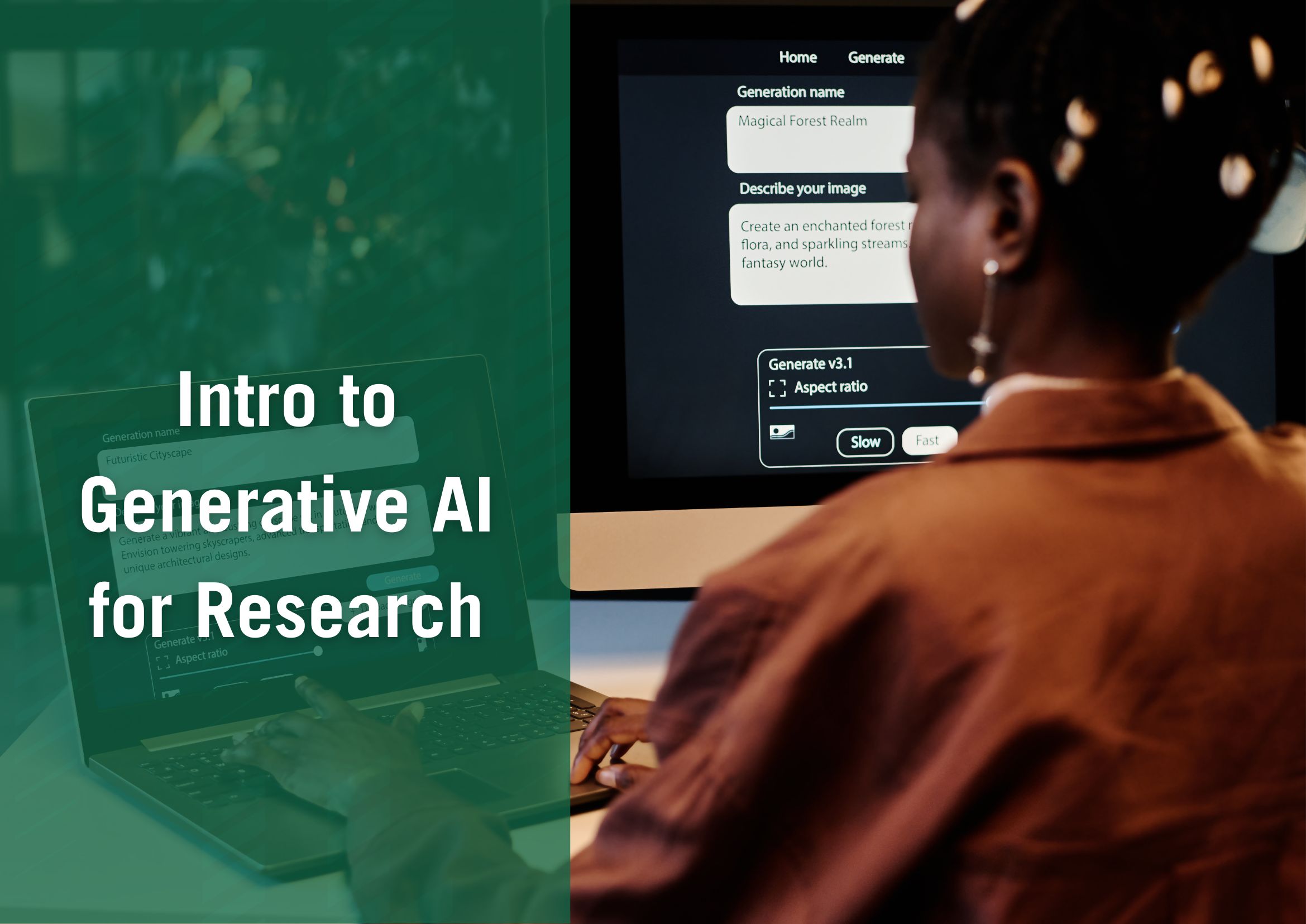 Woman sitting at computer with graphic that reads "Generative AI for Research"